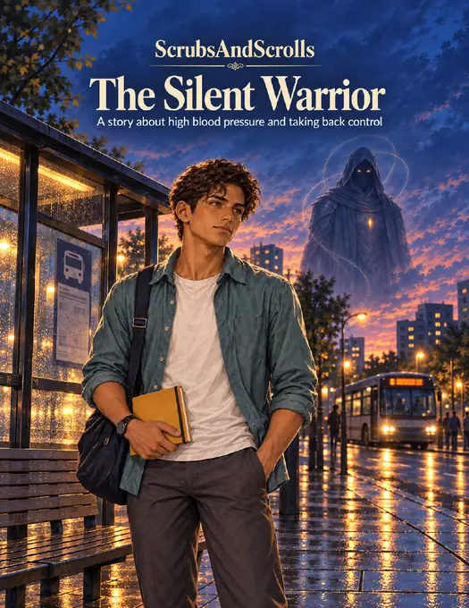Cover of The Silent Warrior, featuring Alex at a bus stop and a hooded figure