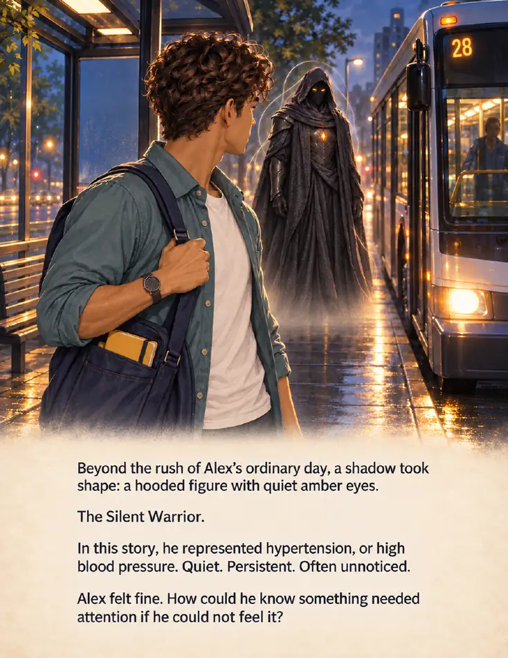 Alex encountering a hooded character at a bus stop in The Silent Warrior