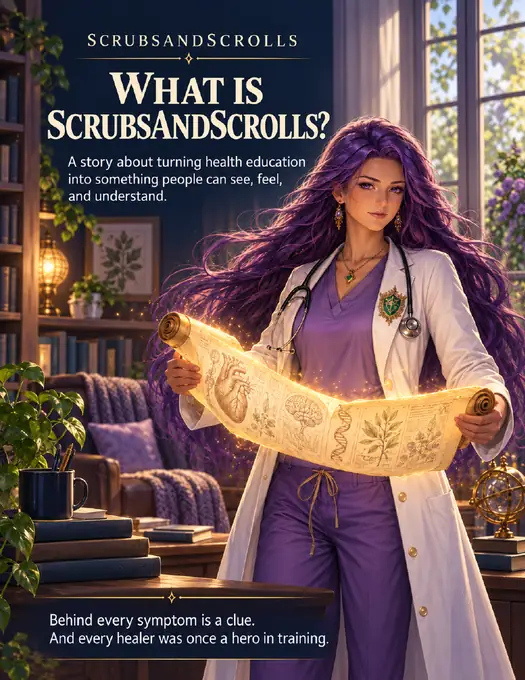 Cover of What Is ScrubsAndScrolls, featuring Dr. Noteworthy holding a glowing scroll